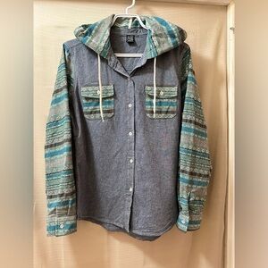 Empyre Hooded Button Shirt Women’s Large Gray Teal Aztec Streetwear Boho Skater